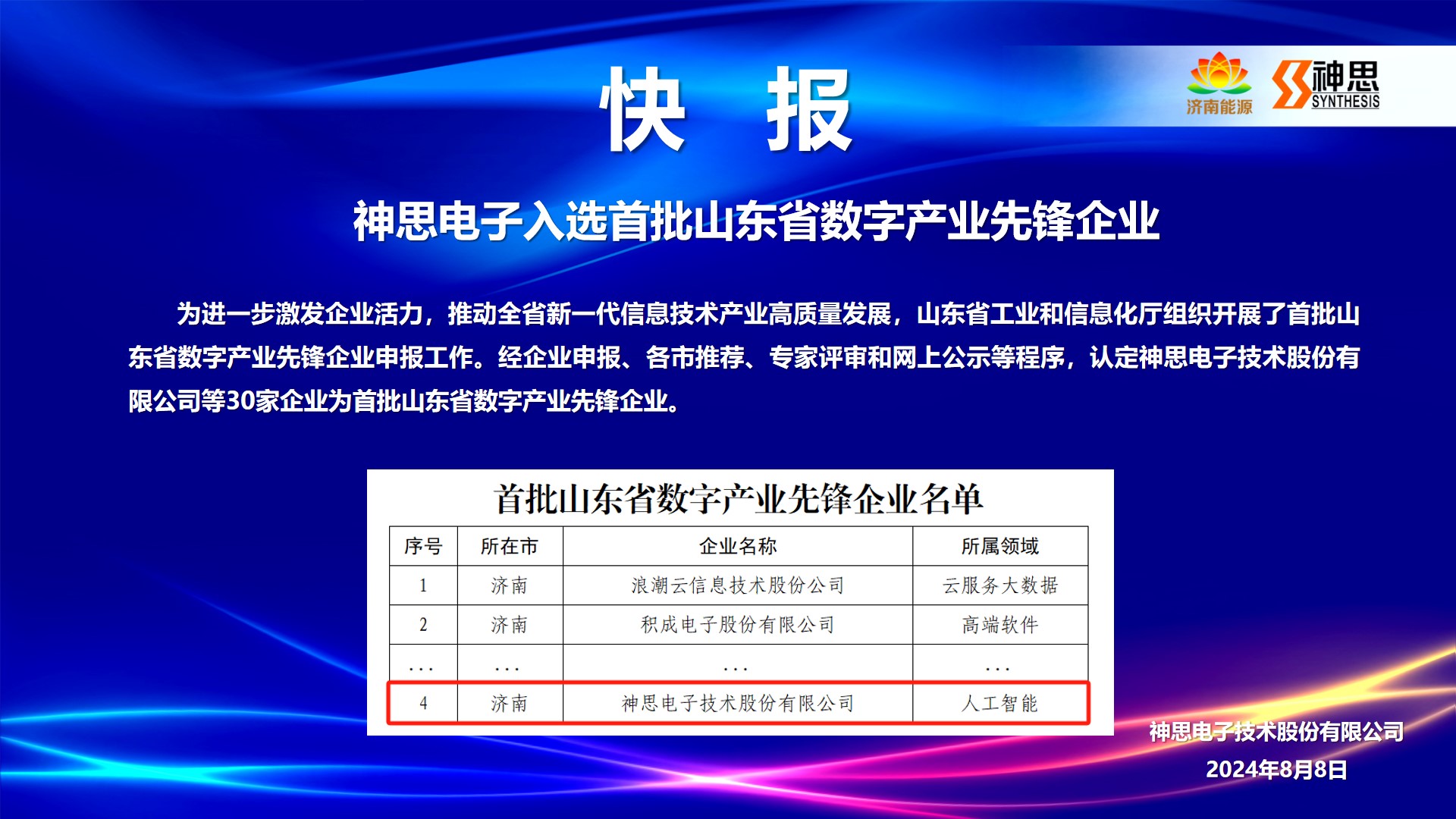 神思电子入选首批山东省数字产业先锋企业